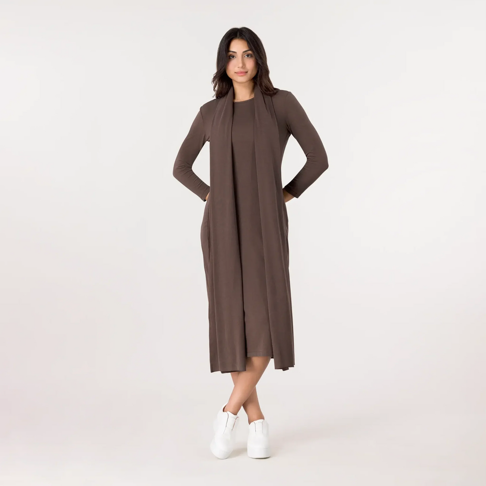 Jersey Dress And Scarf Ensemble - SEASONAL CHOCOLATE