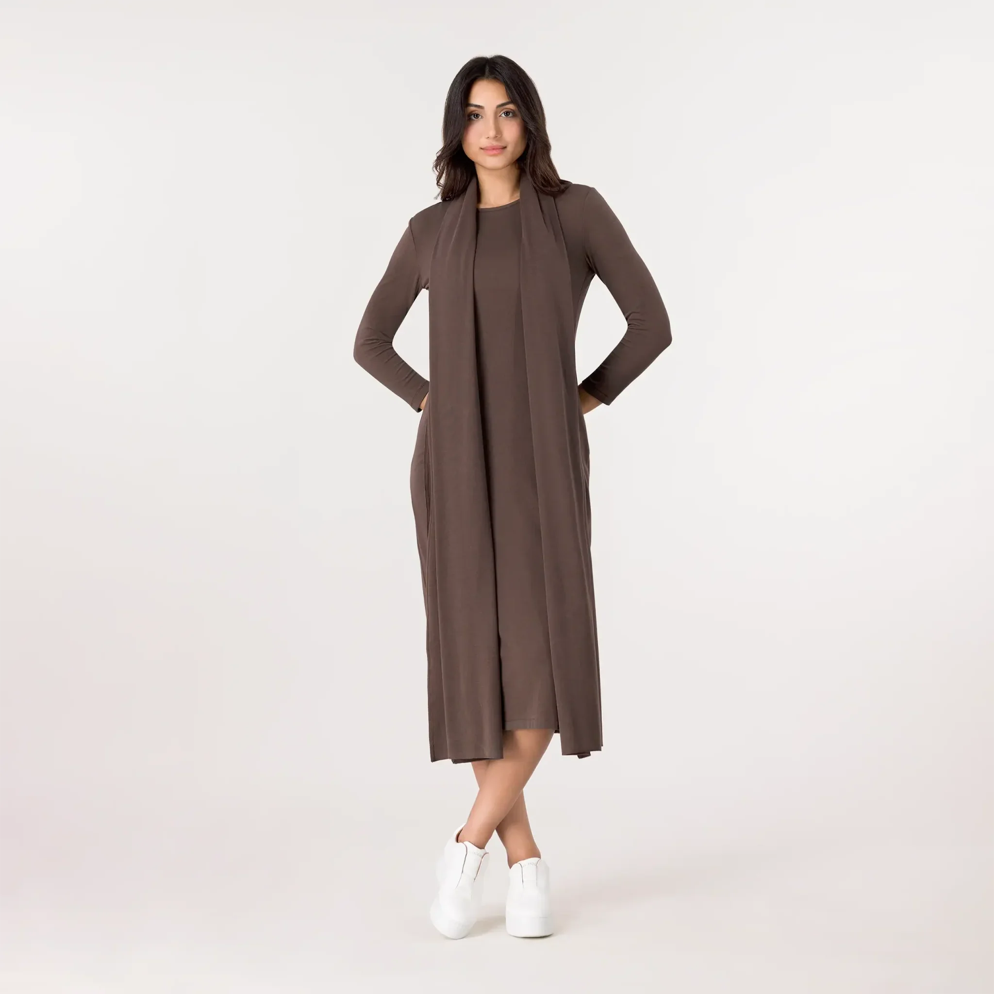 Jersey Dress And Scarf Ensemble - SEASONAL CHOCOLATE
