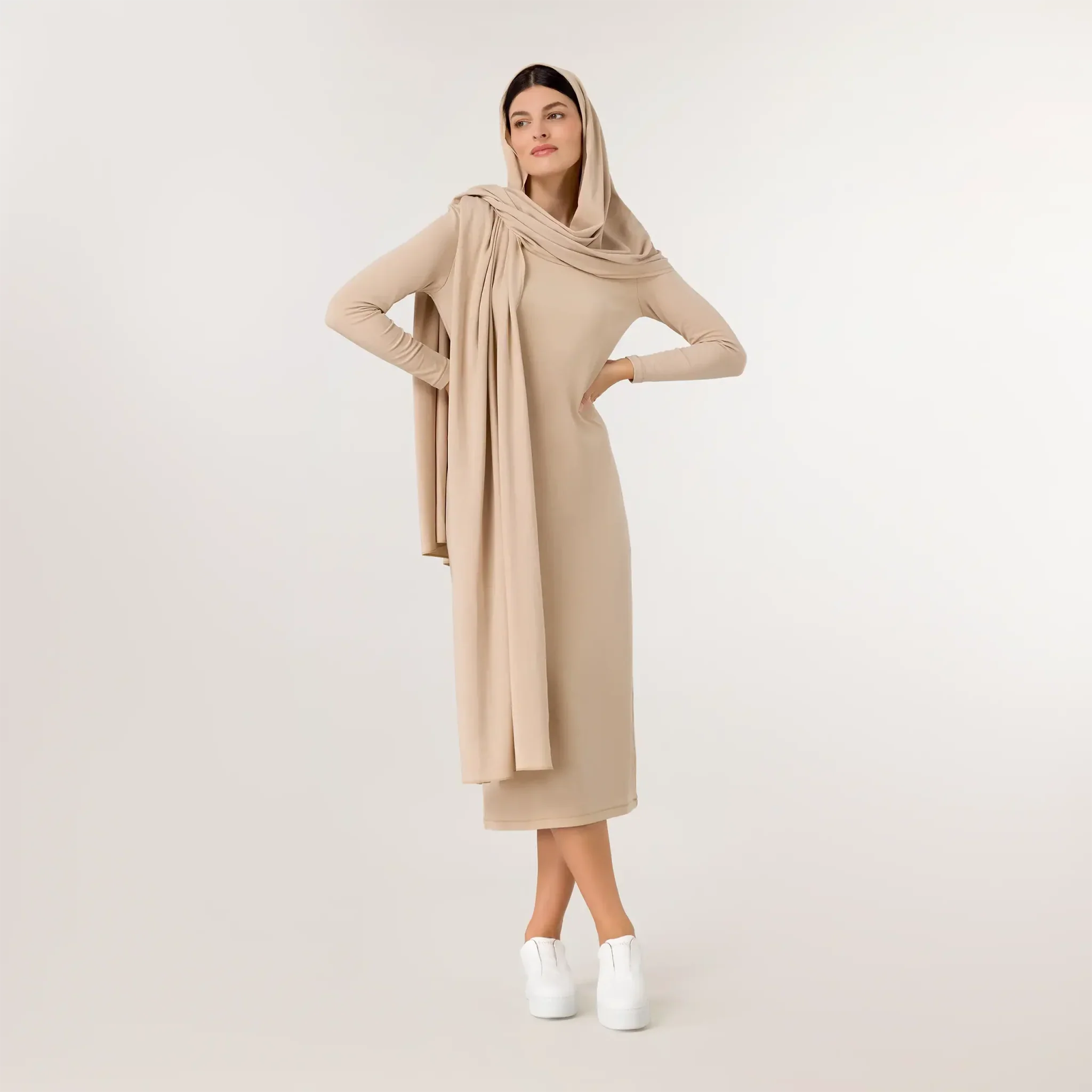 Jersey Dress And Scarf Ensemble - SEASONAL SAND