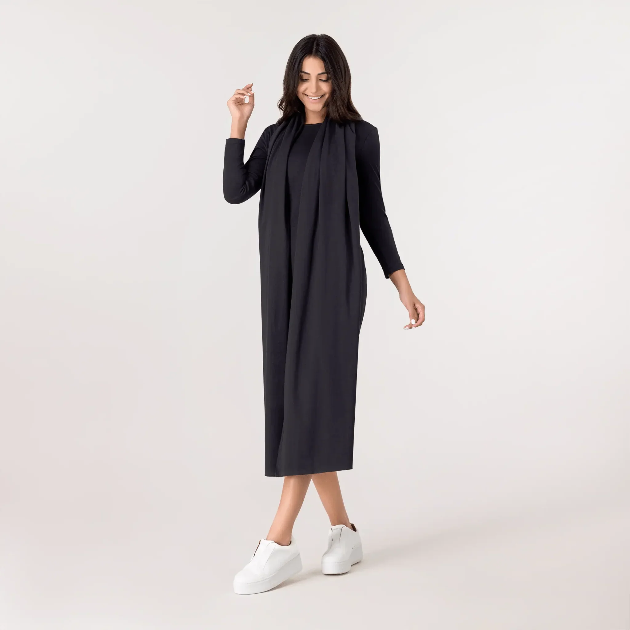 Jersey Dress And Scarf Ensemble - SEASONAL BLACK
