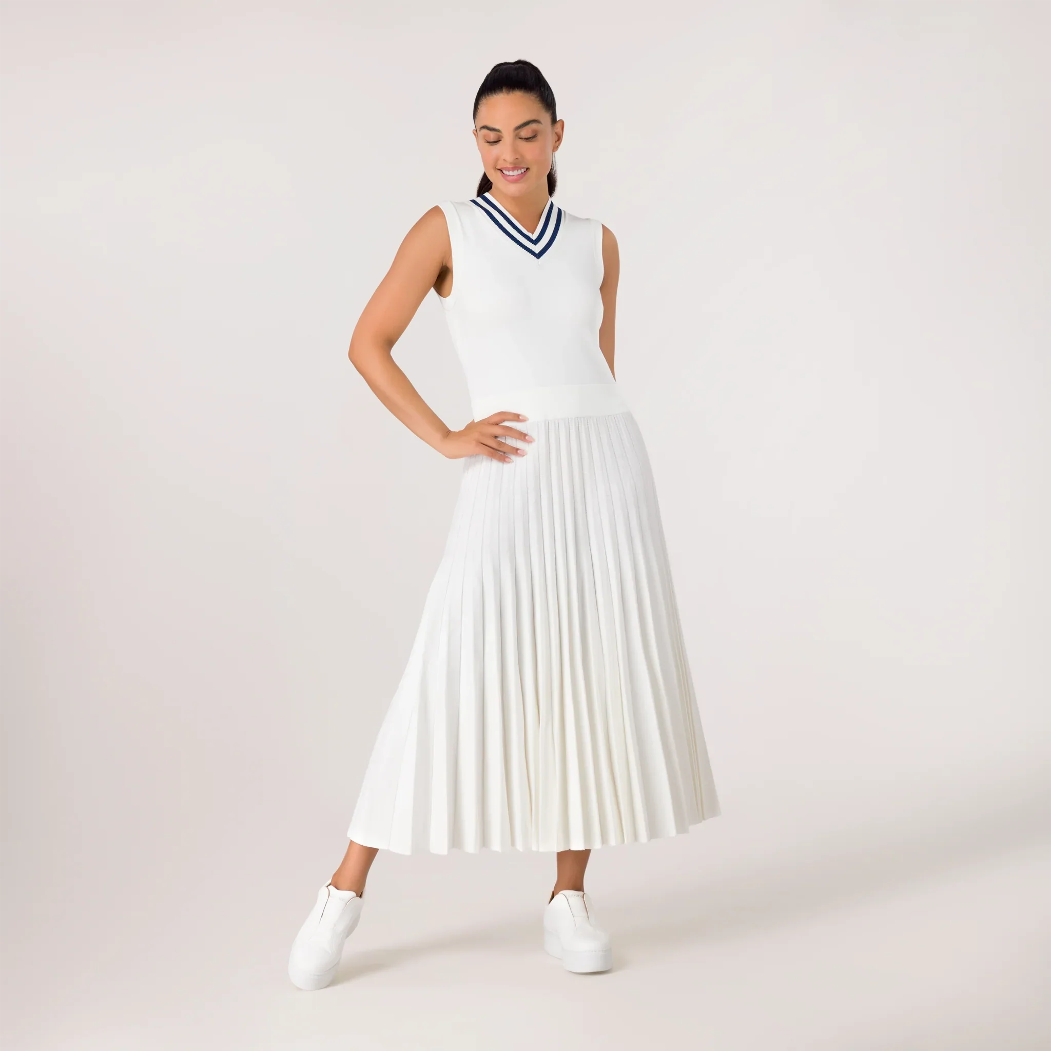 Pleated Knit Dress - SEASONAL WHITE